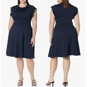 City Chic Aubree Frill Shoulder Fit & Flare Dress Navy Womens Plus Size 16 NWT